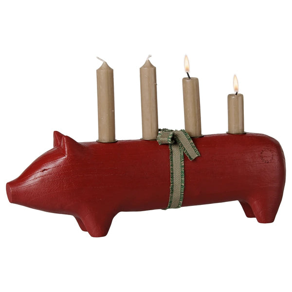 Trælysestage Gris i Rød (Advent Stor)