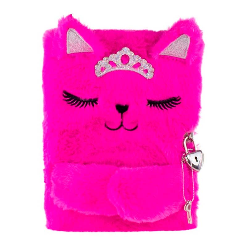 Tinka dagbog med lås, rosa plys m. prinsesse kat