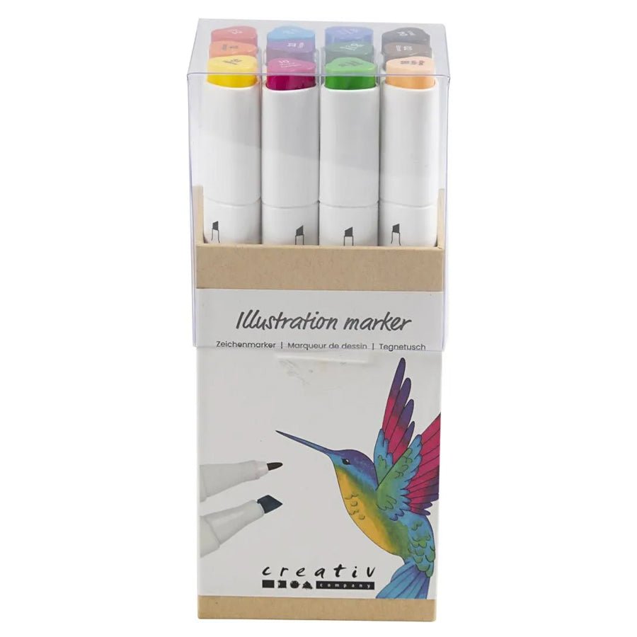 Illustration Marker, 12 stk Standardfarver, Streg 1+8 mm