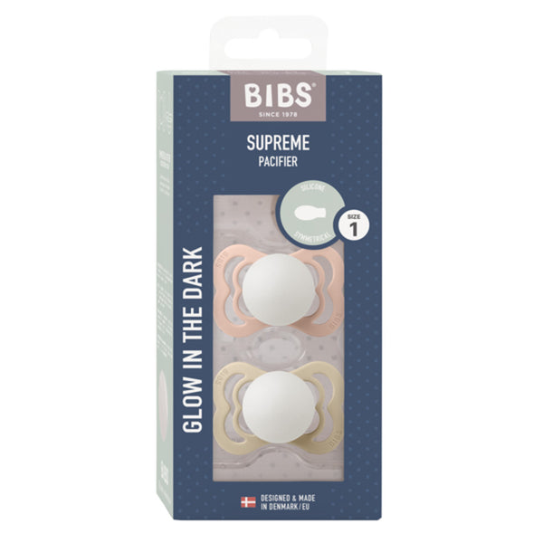 Bibs Supreme 2-Pak Silicone Sut, Str 1 - Blush GLOW/Vanilla GLOW