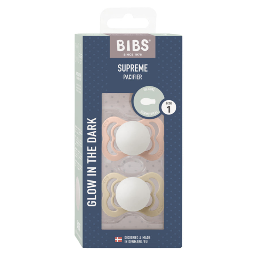 Bibs Supreme 2-Pak Silicone Sut, Str 1 - Blush GLOW/Vanilla GLOW