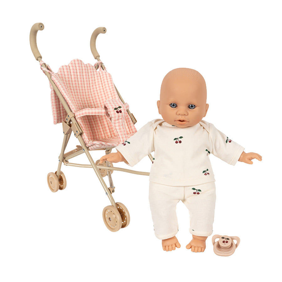 Poppy Dukke med Klapvogn i Pink Check