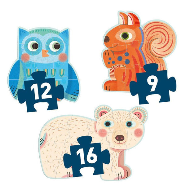 Primo Puslespil med Skovens Dyr (9+12+16 brikker)